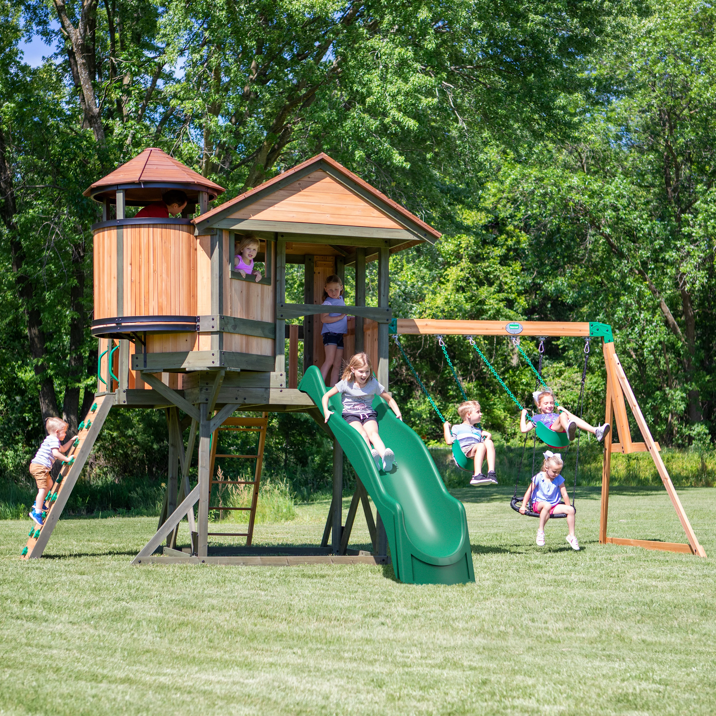 Eagles Nest Elite Swing Set with Green Wave Slide